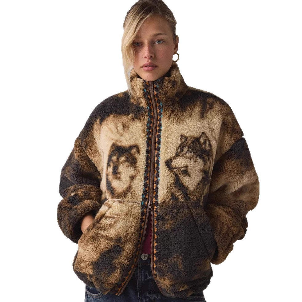 Damen Fleecejacke mit Tiermotiv und hohem Kragen Drune