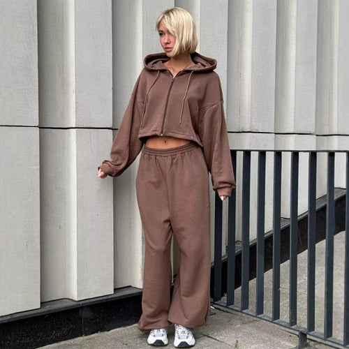 Damen nan kurz geschnittenes Zip-Hoodie und Highwaist Sweathose Lounge-Set mit Kapuze Drune