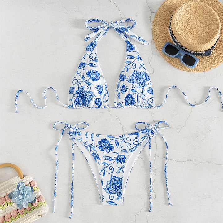 Damen Triangel-Bikini-Set mit verspieltem floralem Design und eleganten Bindebändern Drune