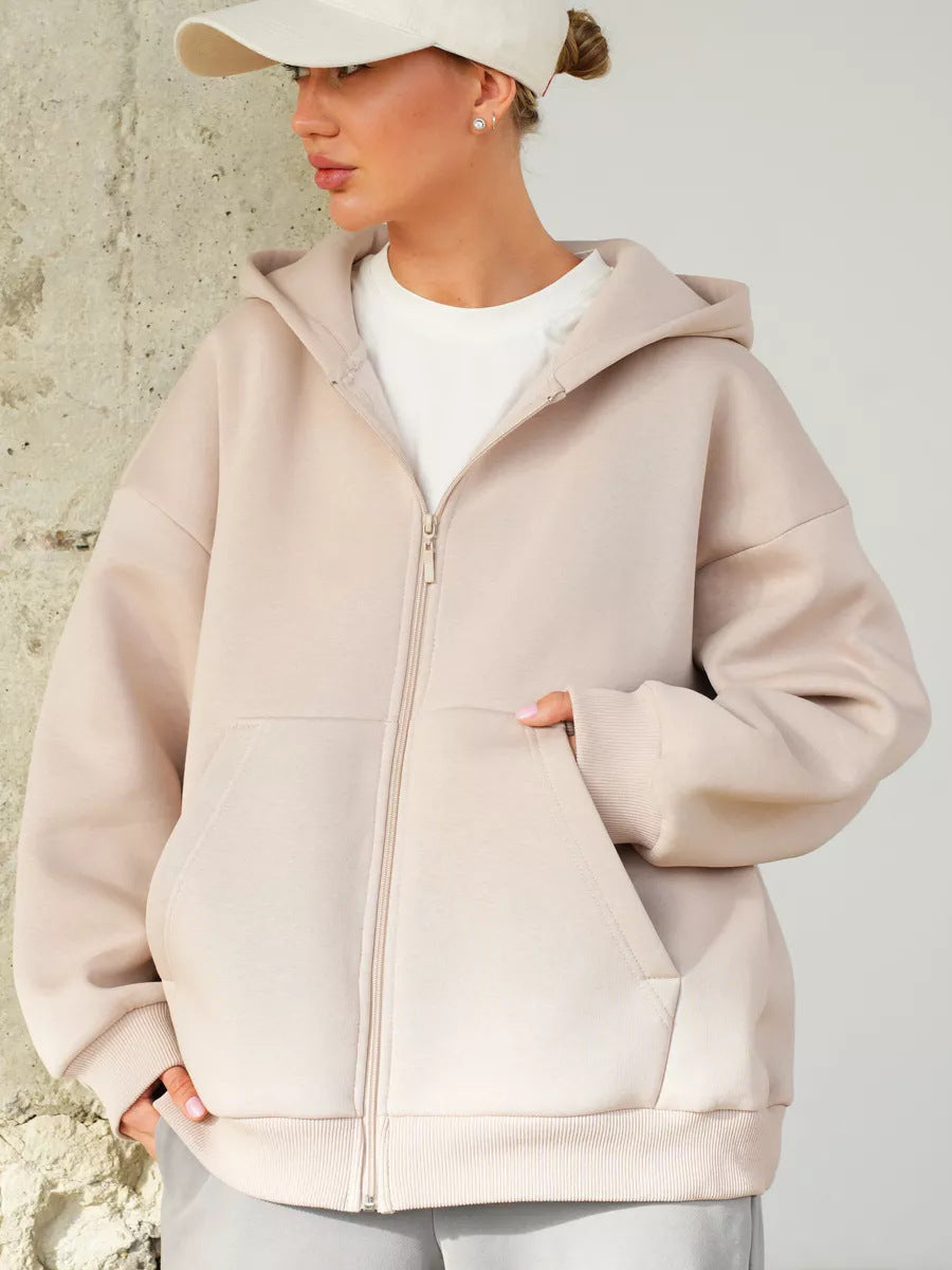 Damen weiche Zip-Hoodie-Jacke mit Kängurutaschen Drune