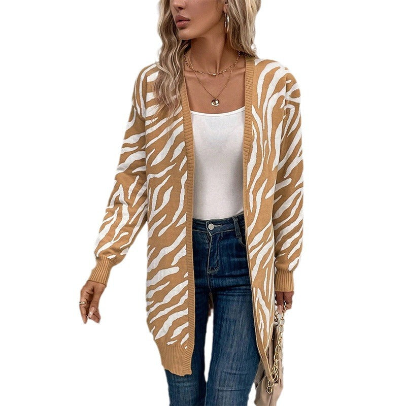 Damen Lässige Strickjacke im Zebra-Design mit langen Ärmeln und offenem V-Ausschnitt Drune