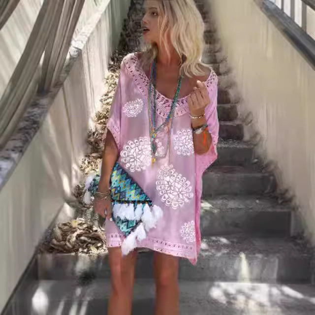 Damen Strandtunika mit farbenfrohem Muster und weiten Ärmeln Drune