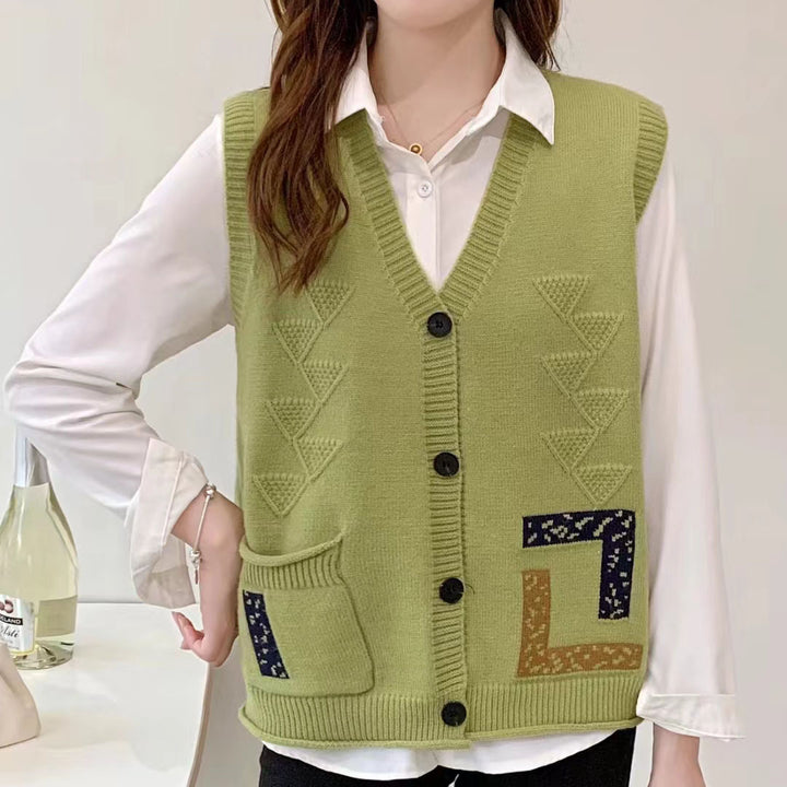 Damen Strickweste mit V-Ausschnitt und dekorativen Taschen Drune