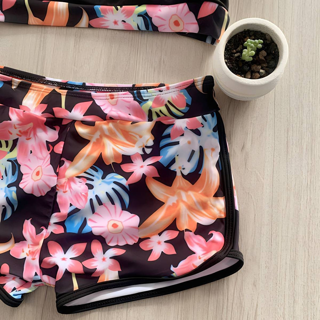 Damen Sportlicher Bikini-Set mit floralem Saum und Shorts Drune