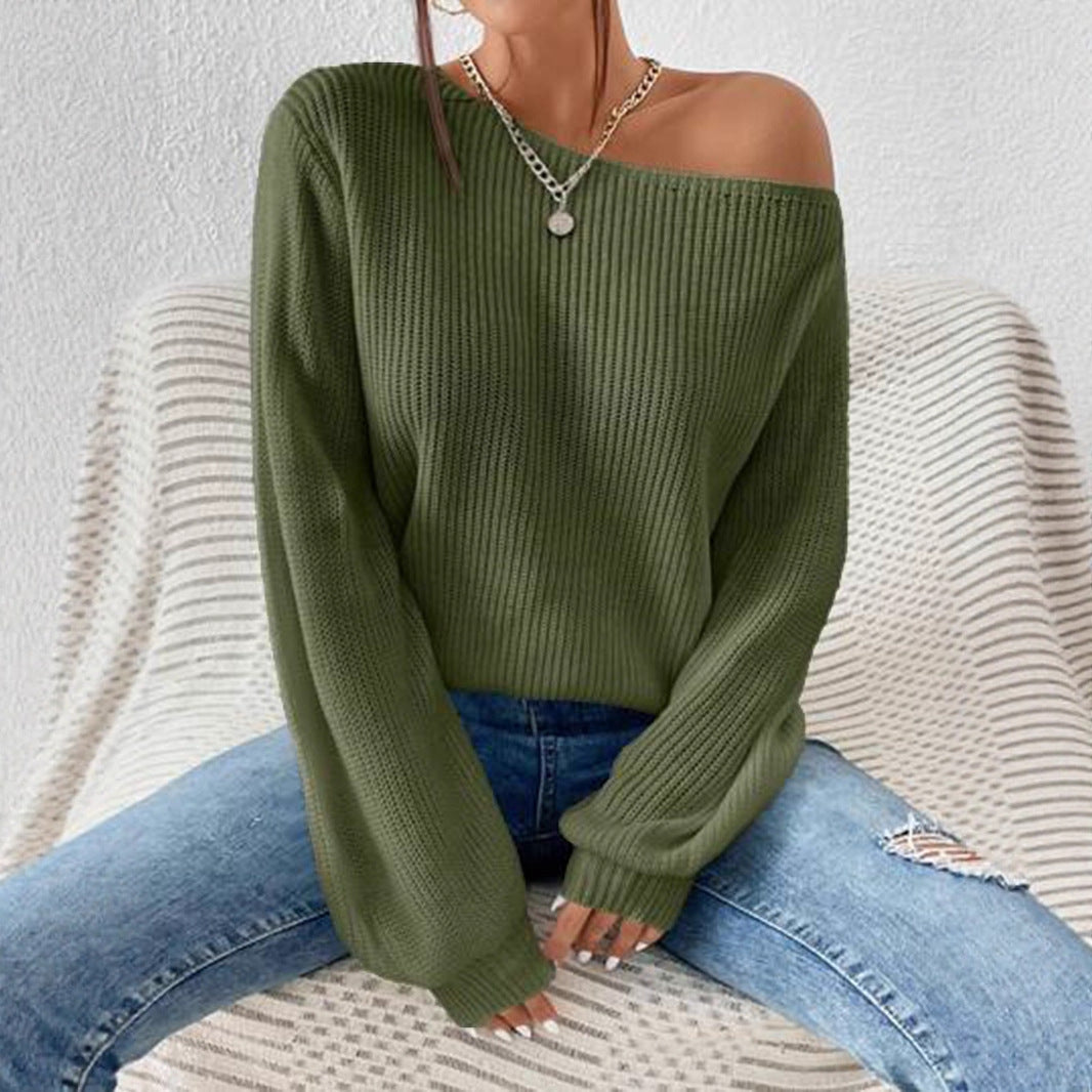 Damen lässiger Strickpullover mit weitem Schnitt und offenem Schulterdesign Drune
