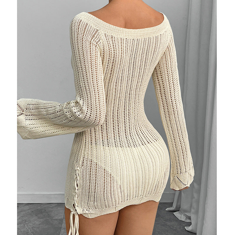 Damen Strickkleid im modernen Off-Shoulder Design mit weiten Ärmeln und Raffungen Drune