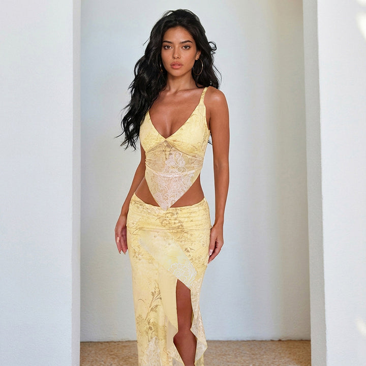 Damen elegantes Wickelkleid mit transparenten Einsätzen und hohem Beinschlitz Drune