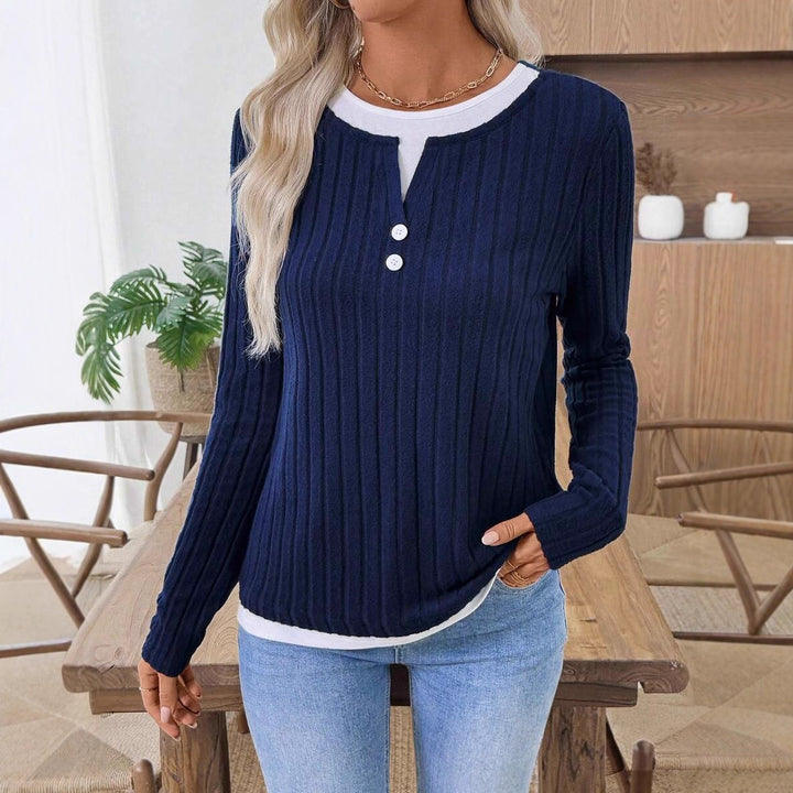 Damen Rippstrick Langarmshirt mit Knopfleiste Drune