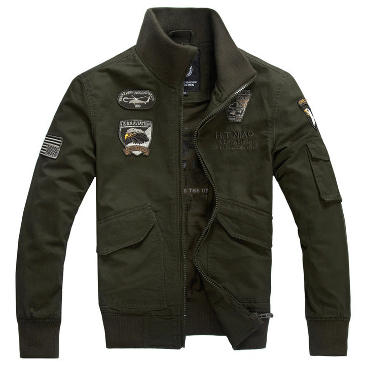 Herren nan Field‑Bomberjacke im Pilotenstil mit gestickten Emblemen, Rippenkragen und multifunktionaler Ärmeltasche Drune