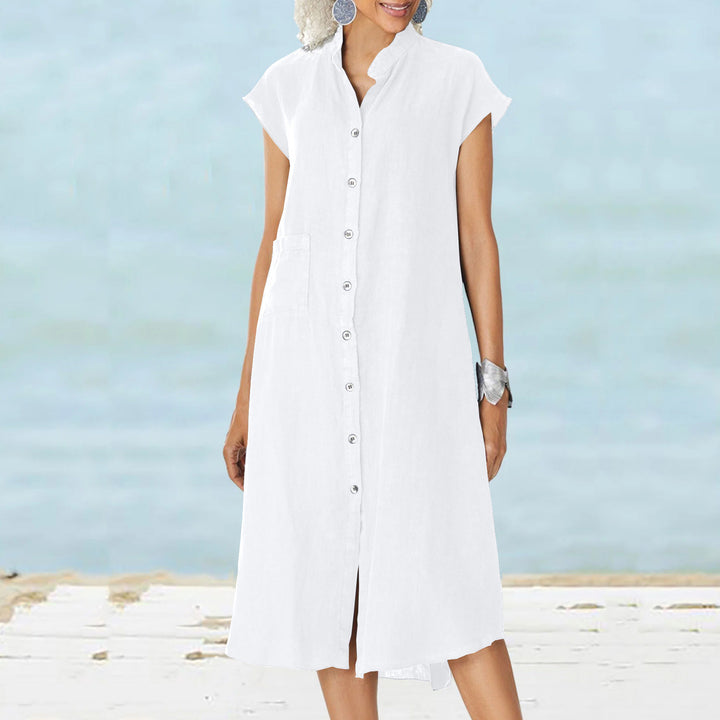Damen lässiges Midi-Hemdkleid aus Leinen mit Knopfleiste und seitlichen Taschen Drune