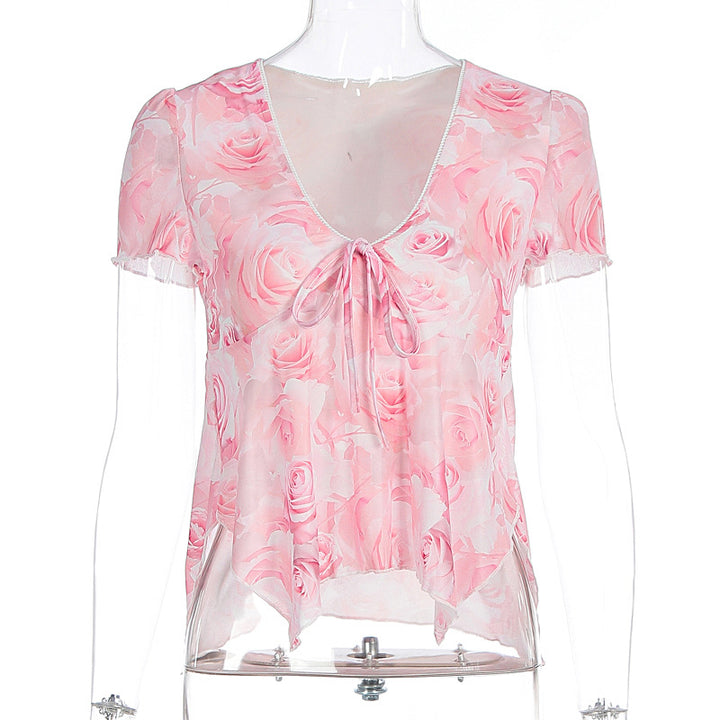 Damen Bluse mit romantischem Rosenmuster und zartem Bindegürtel Drune