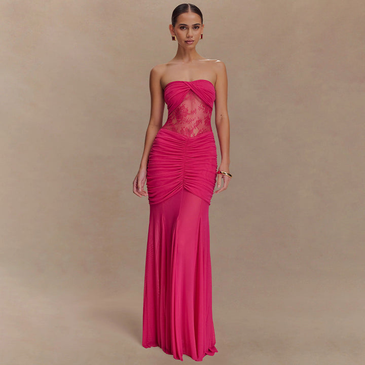Damen Strapless Maxikleid mit raffinierten Drapierungen und Spitzen-Mix Drune