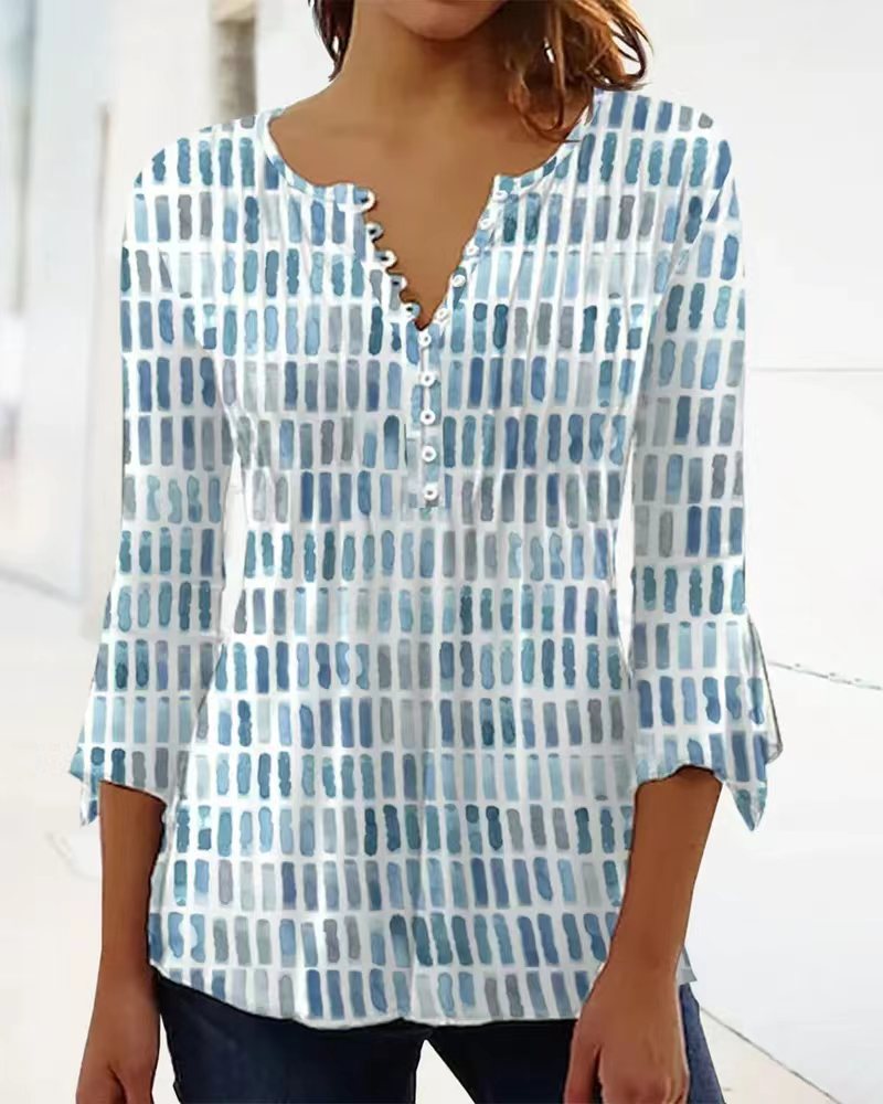 Damen Bluse im modernen Grafikdesign mit Knopfdetails Drune