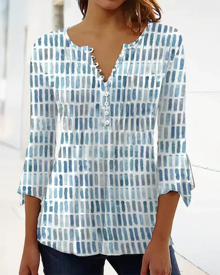 Damen Bluse im modernen Grafikdesign mit Knopfdetails Drune