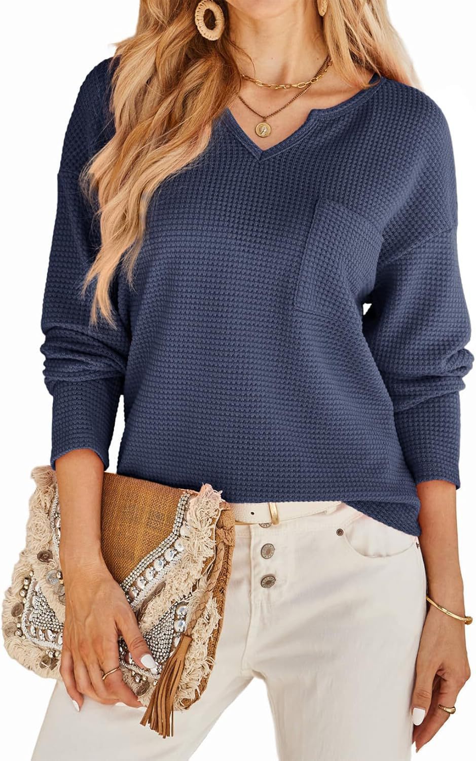 Damen Waffelstruktur Pullover mit V-Ausschnitt und Brusttasche Drune