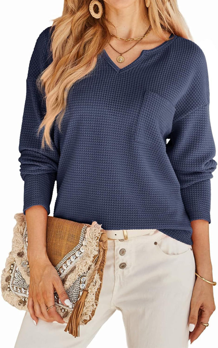 Damen Waffelstruktur Pullover mit V-Ausschnitt und Brusttasche Drune