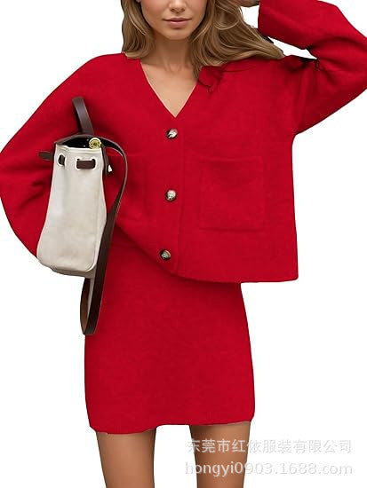 Damen lässiges Strickensemble mit V-Ausschnitt und Knopfdetaillierung Drune