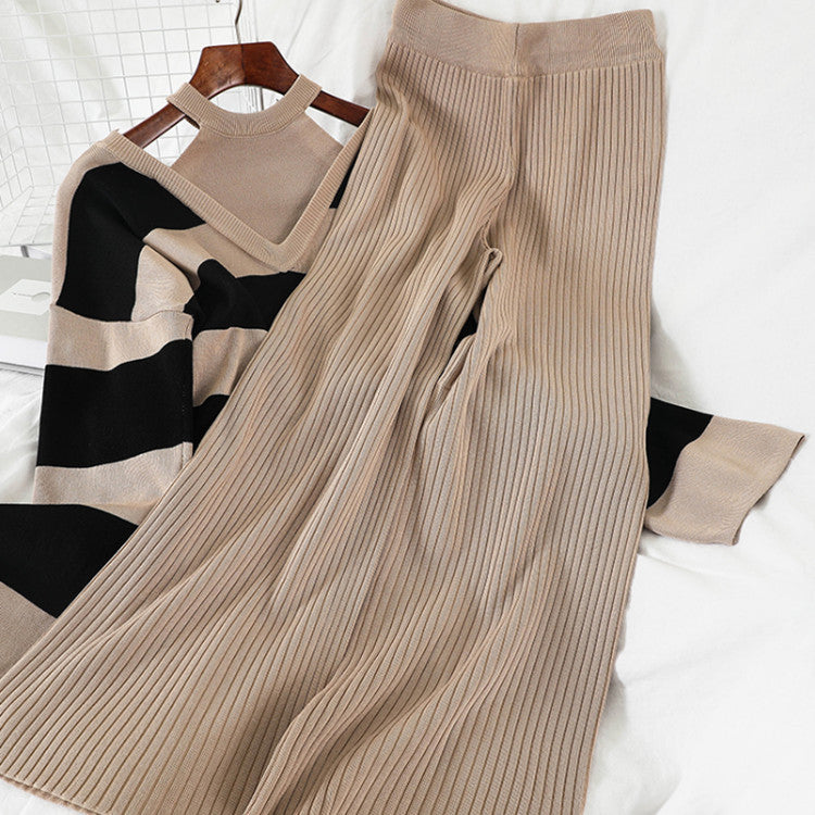 Damen modisches Strick-Loungewear-Set mit Streifenmuster und hohem Kragen Drune