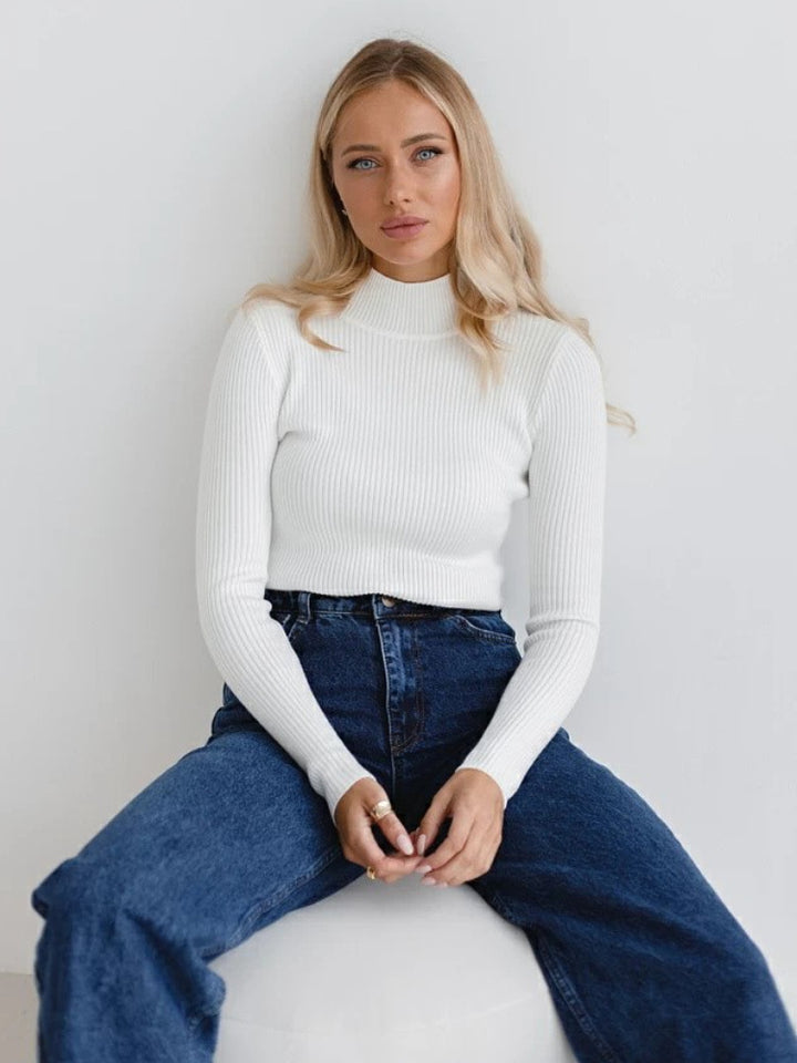 Damen Enganliegender Rippstrickpullover mit Stehkragen Drune