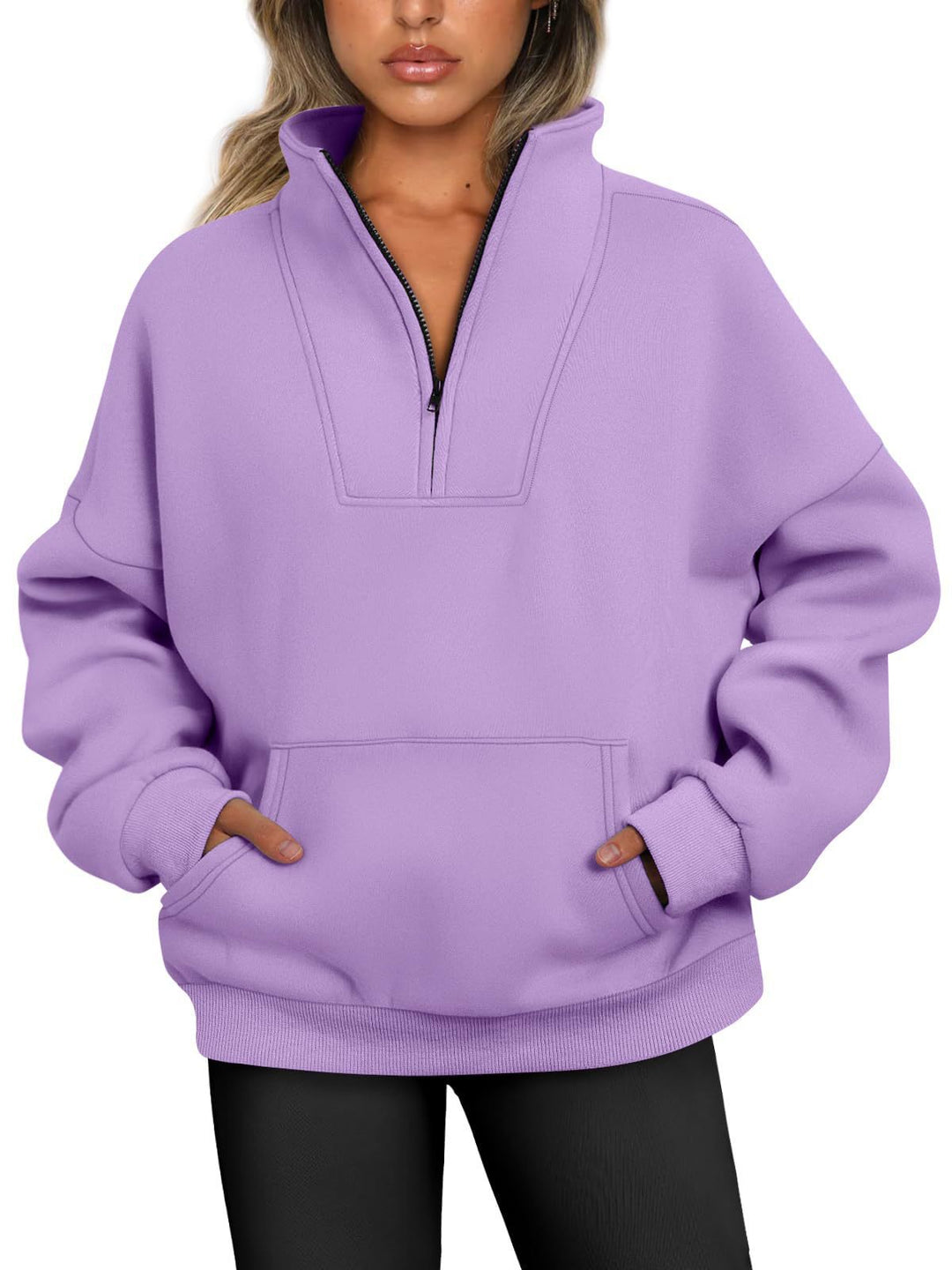 Damen nan oversized Halbzip-Hoodie mit hohem Stehkragen, Kängurutasche und gerippten Bündchen Drune