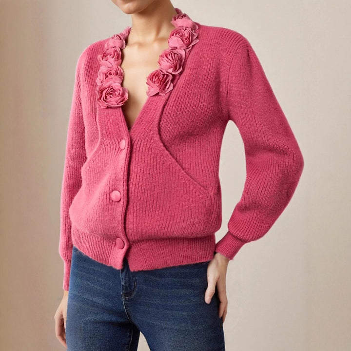 Damen Strickjacke mit floraler Applikation und tiefem V-Ausschnitt Drune