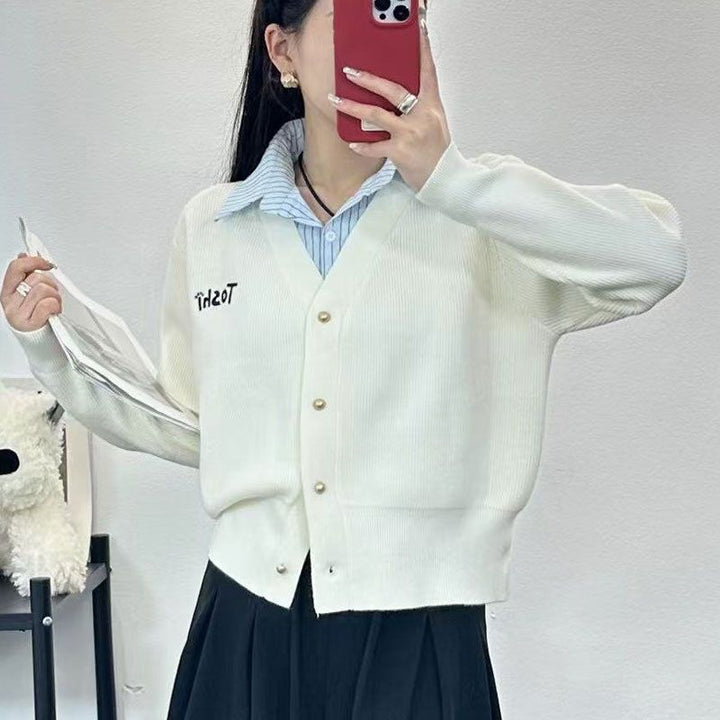 Damen lässige Strickjacke mit V-Ausschnitt und dekorativen Knöpfen Drune