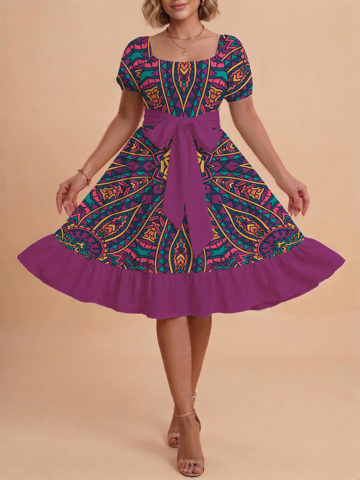 Damen A-Linien-Kleid mit floralen Motiven und taillierbarem Gürtel Drune