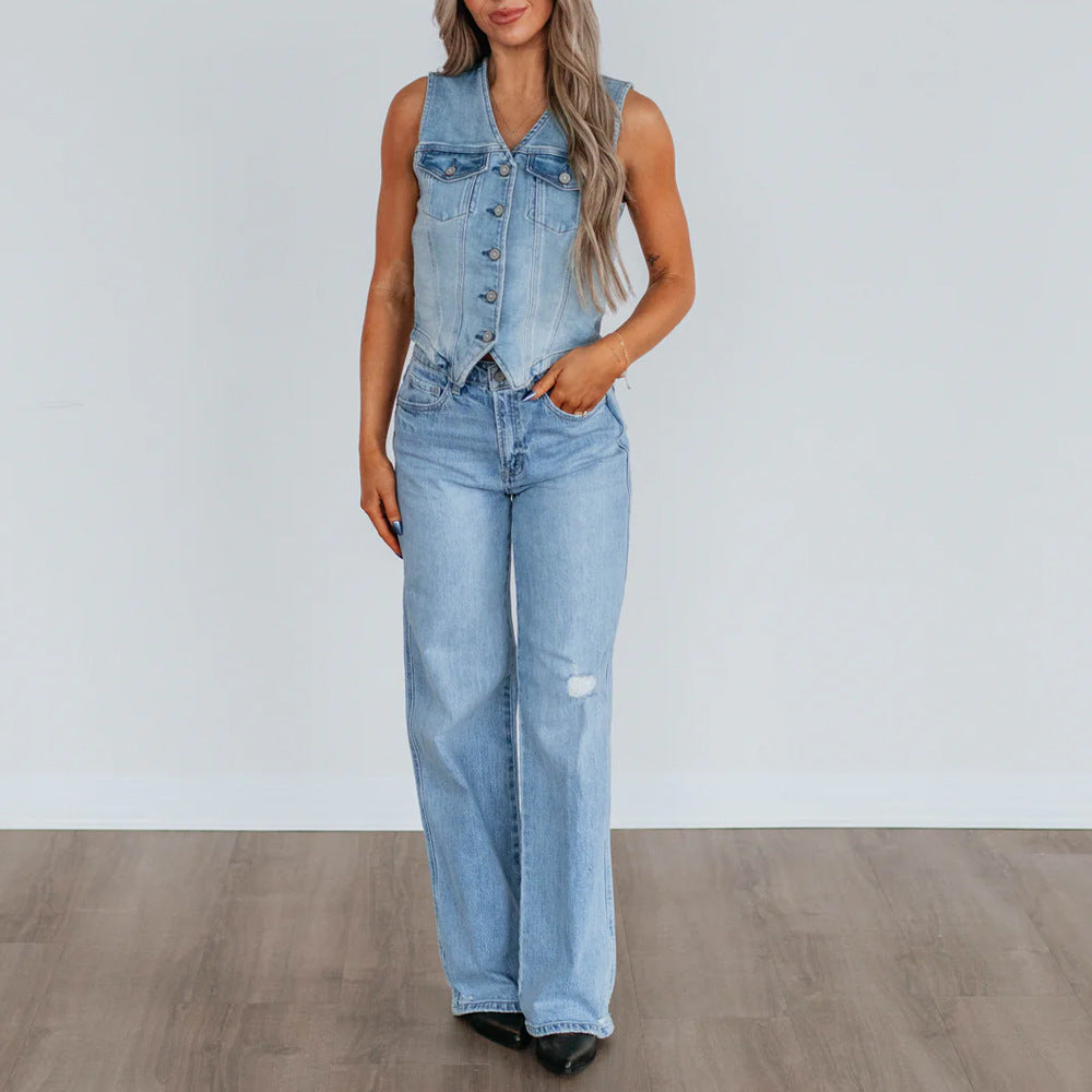 Damen Denim Weste mit Knopfleiste und modernen Schnittrahmen Drune