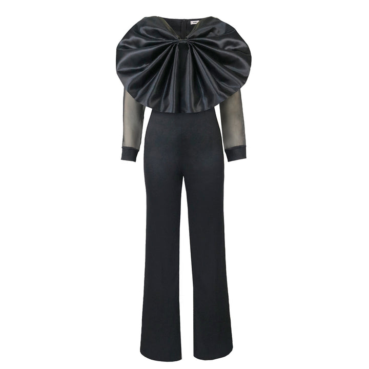 Damen eleganter Jumpsuit mit voluminösem Satinkragen und transparenten Ärmeln Drune