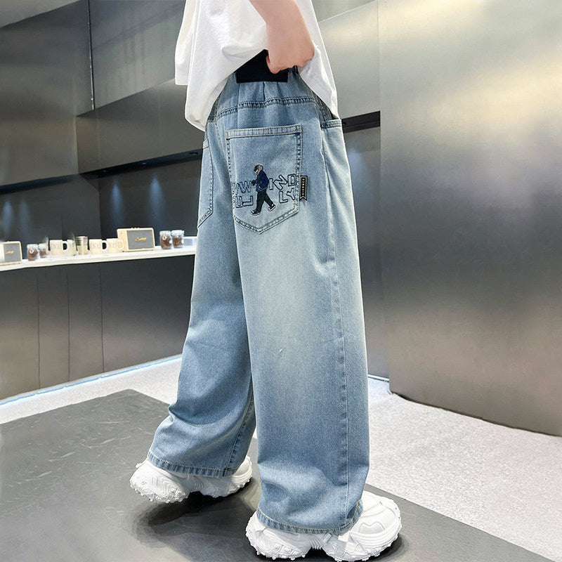 Unisex Weit geschnittene Denim-Hose mit kreativem Stickdesign Drune
