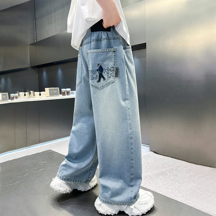 Unisex Weit geschnittene Denim-Hose mit kreativem Stickdesign Drune