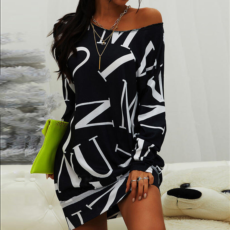 Damen Oversized Langarmshirt mit modernem Schriftzug und elastischem Bund Drune