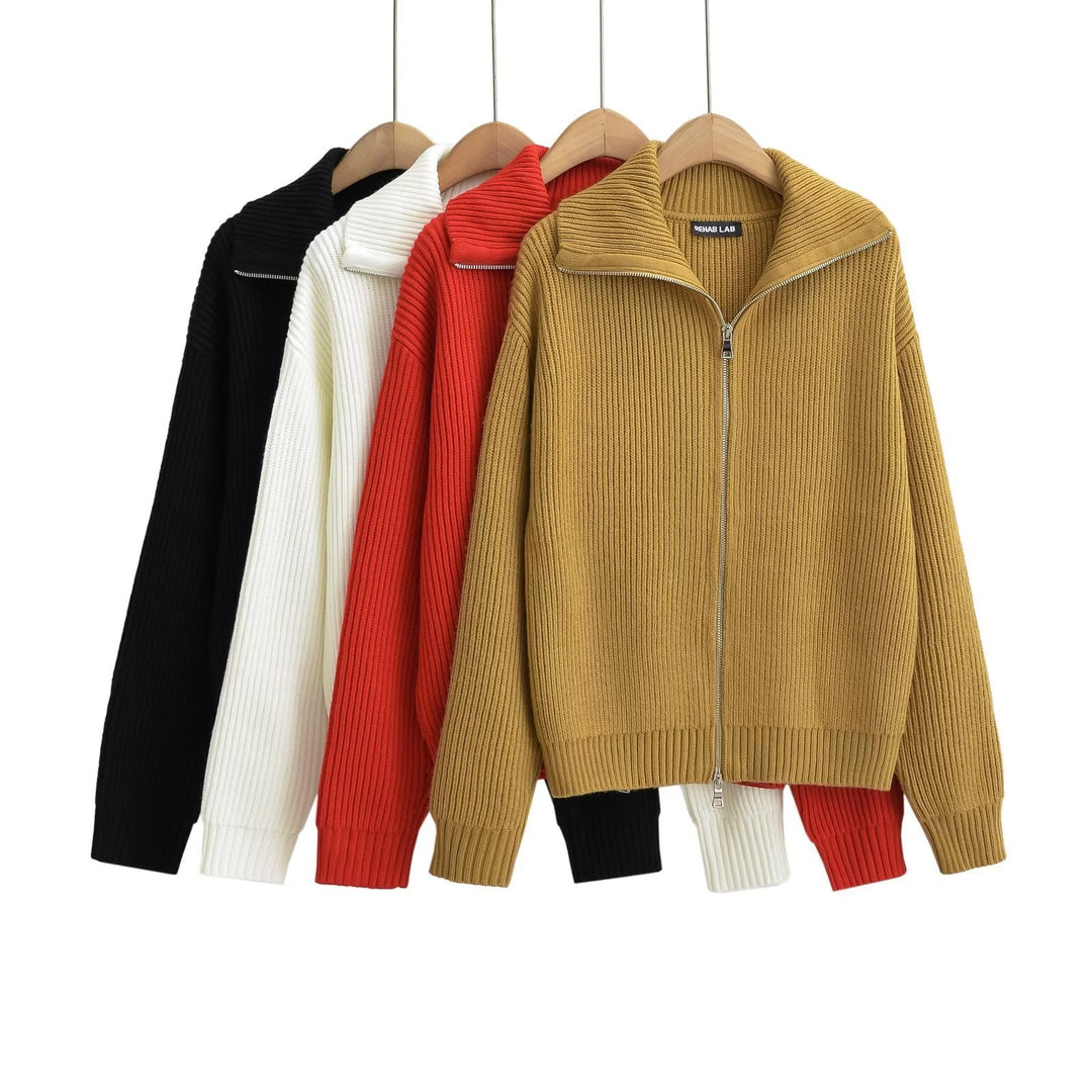 Damen modische Strickjacke mit hohem Kragen und Reißverschluss Drune