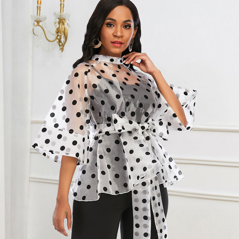 Damen Chiffonbluse mit transparentem Polka-Dots-Design und tailliertem Bindegürtel Drune