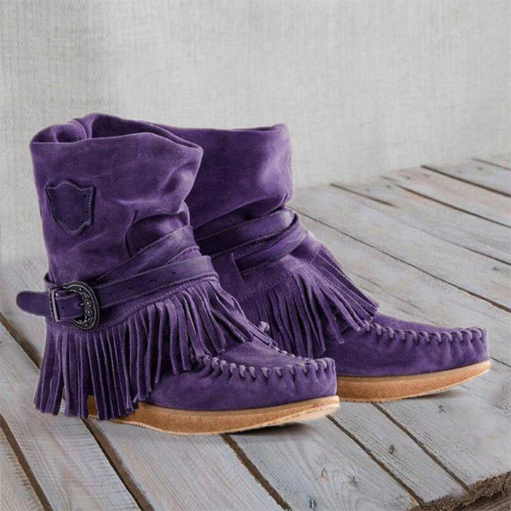 Damen nan Mokassin-Stiefelette mit Fransen, dekorativer Zierschnalle und handgenähter Mokassin-Naht Drune