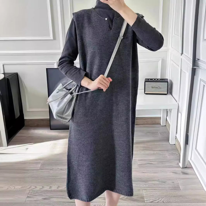 Damen Strickkleid mit elegantem Stehkragen und Knopfdetails Drune