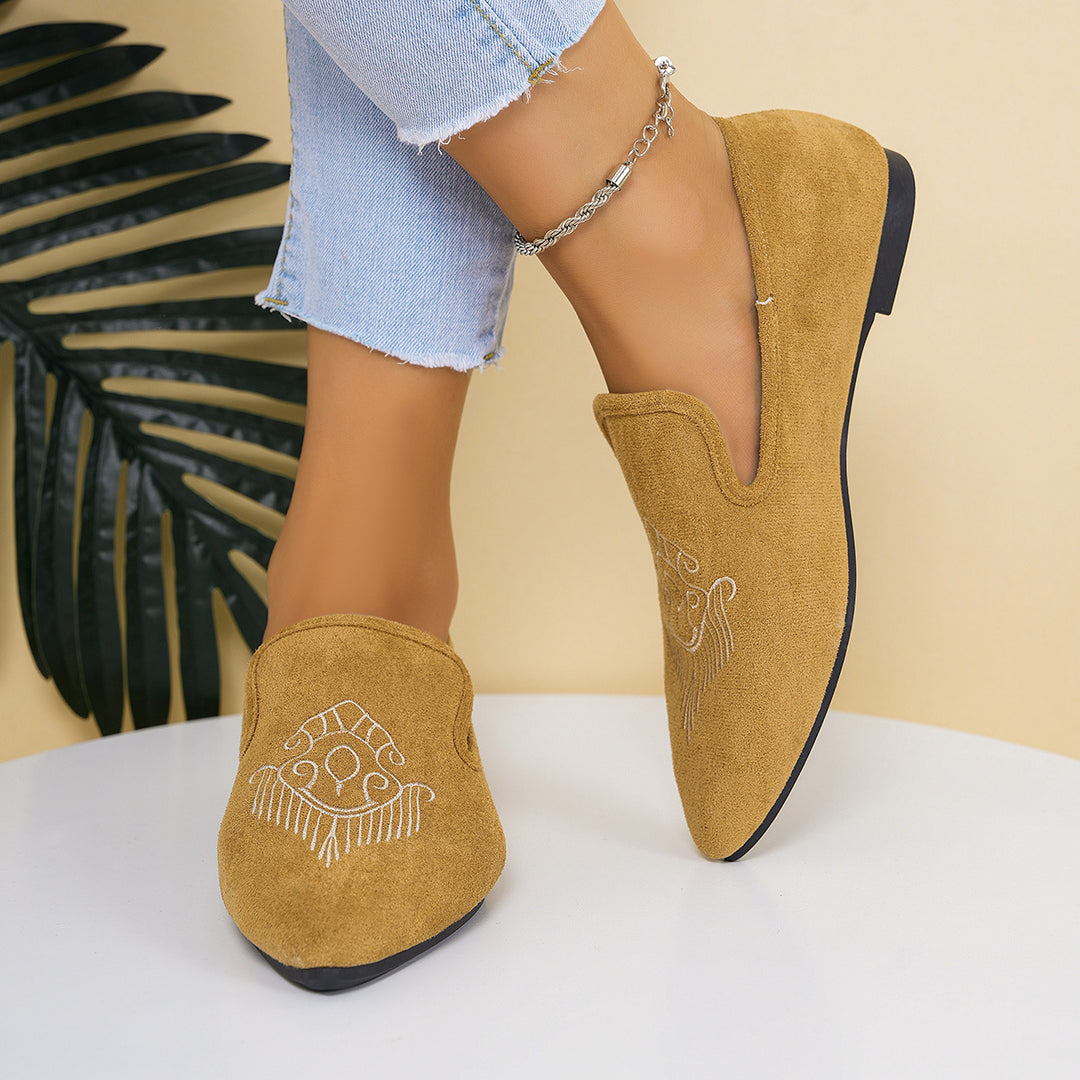 Damen nan bestickte Wildlederoptik-Slipper mit spitzer Leistenform und flacher rutschfester Gummisohle Drune