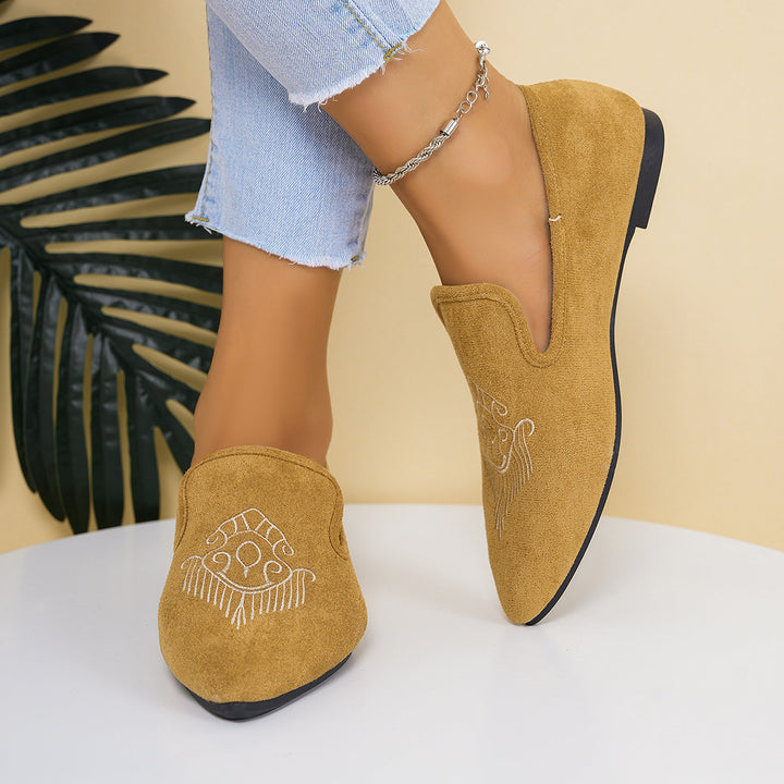 Damen nan bestickte Wildlederoptik-Slipper mit spitzer Leistenform und flacher rutschfester Gummisohle Drune