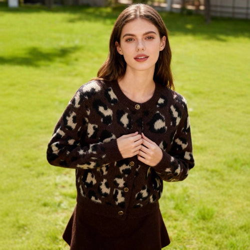 Damen nan kuschelige Strickjacke mit Leopardenmuster, Rundhalsausschnitt und durchgehender Knopfleiste Drune