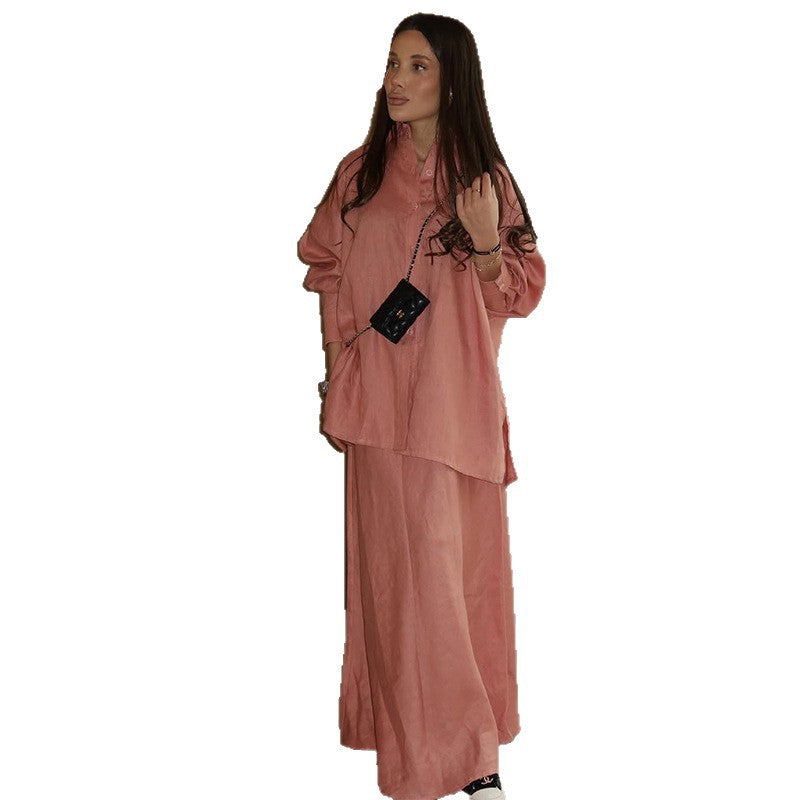 Damen elegantes Maxi-Rock-Set mit lässiger Bluse und Bindegürtel Drune