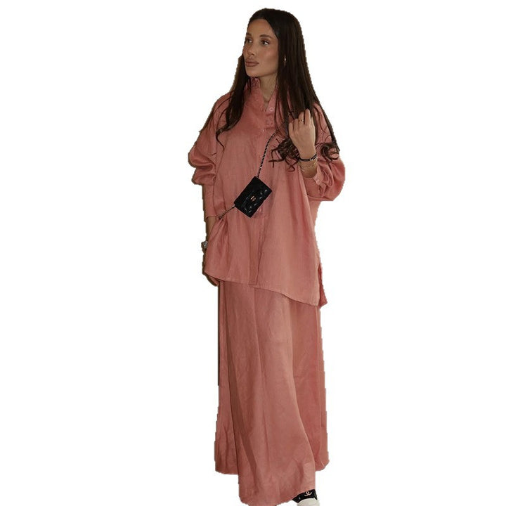 Damen elegantes Maxi-Rock-Set mit lässiger Bluse und Bindegürtel Drune