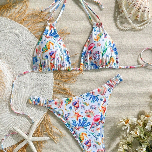 Damen Bikini-Set mit buntem Unterwasser-Motiv und verstellbaren Trägern Drune
