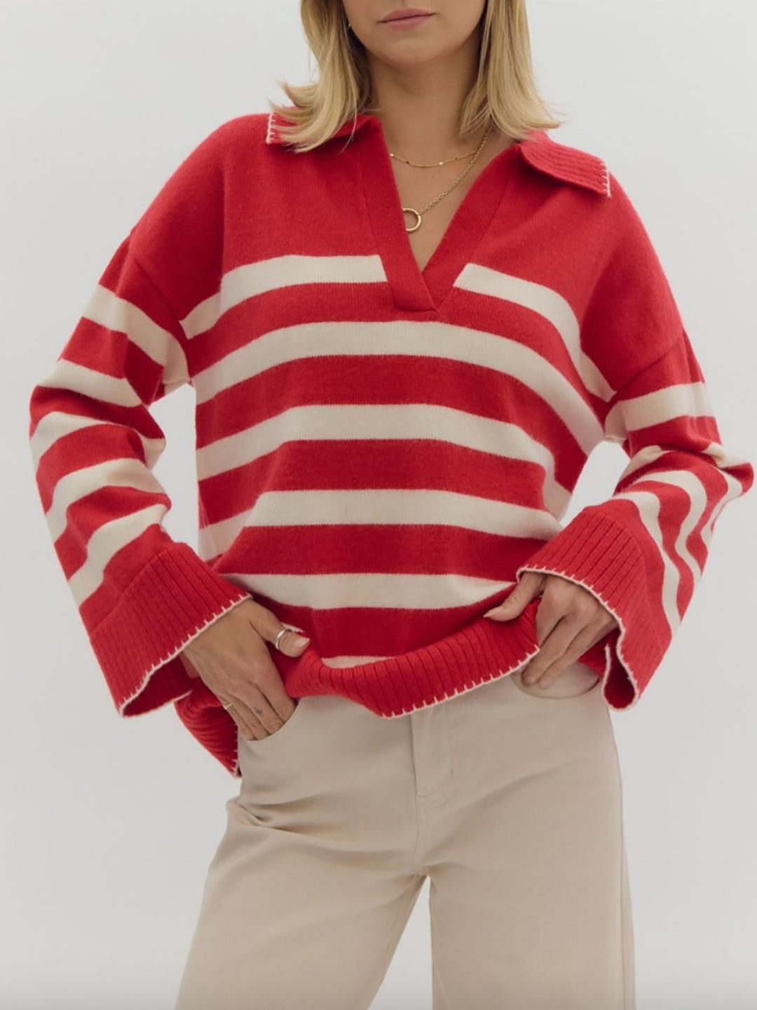 Damen kuschelige Strickpullover mit modernem Streifenmuster und V-Ausschnitt Drune
