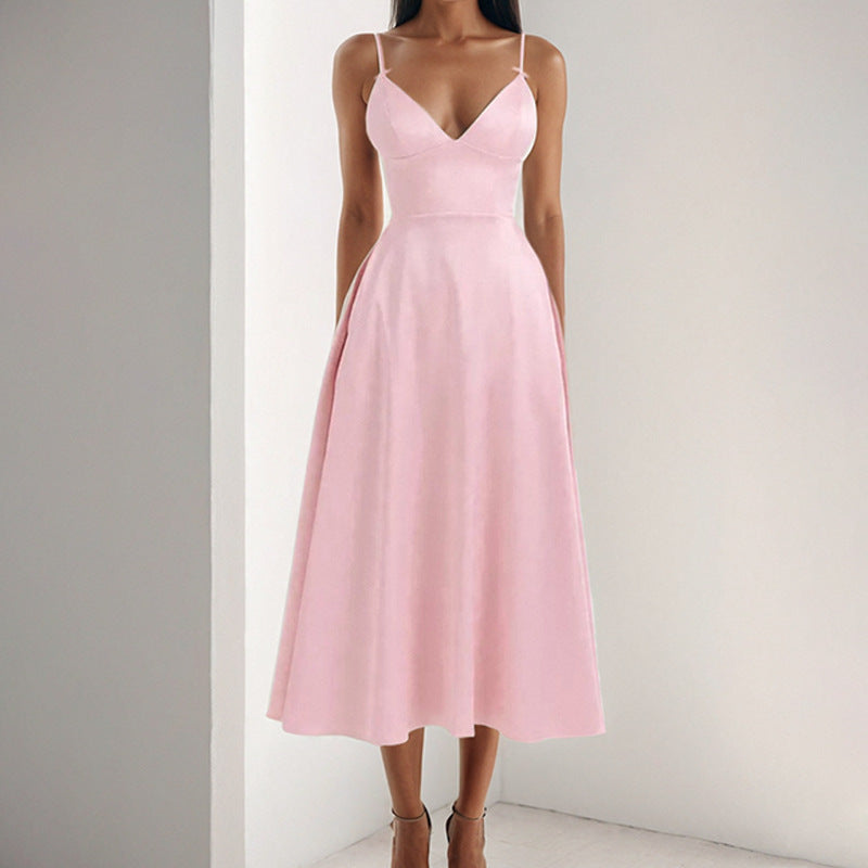 Damen Sommermaxikleid mit elegantem V-Ausschnitt und fließendem Rock Drune