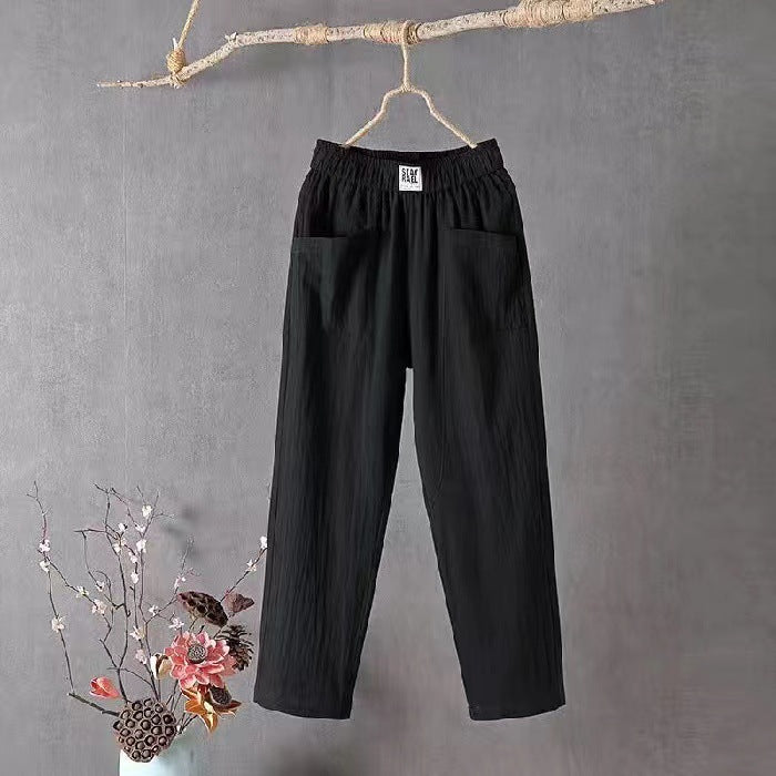 Damen nan lässige Leinenmix-Hose mit elastischem Bund, geradem Bein und großen aufgesetzten Taschen Drune