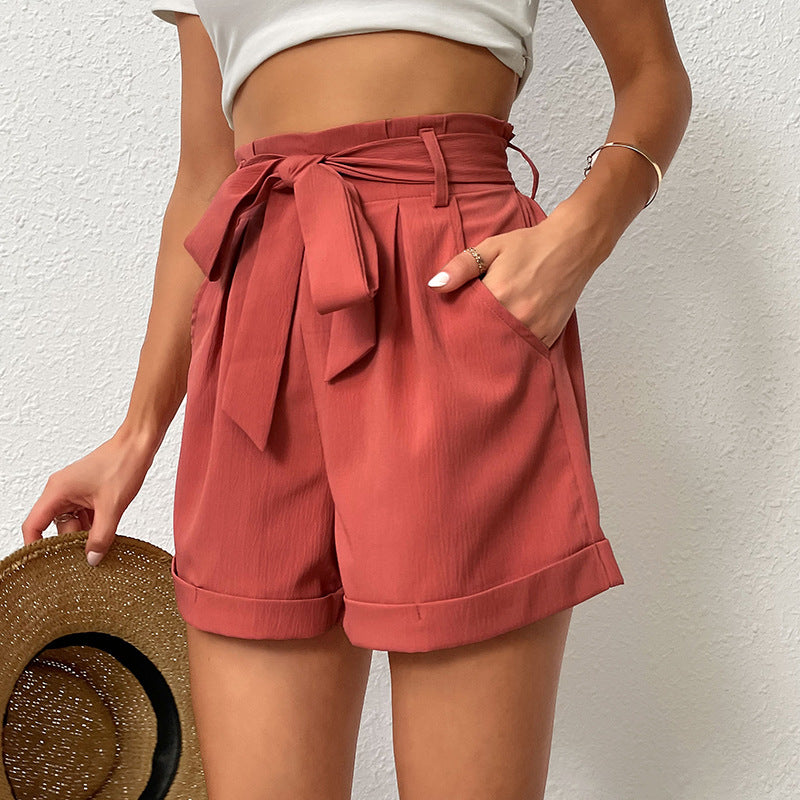 Damen lässige High-Waist-Shorts mit dekorativer Schleifenbindung und seitlichen Taschen Drune