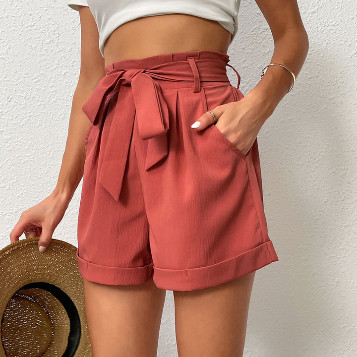 Damen lässige High-Waist-Shorts mit dekorativer Schleifenbindung und seitlichen Taschen Drune