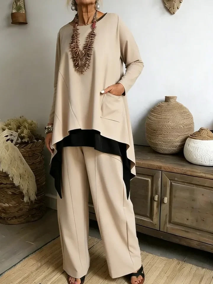 Damen lässiges Ensemble aus asymmetrischem Oberteil und weitem Hosen Drune