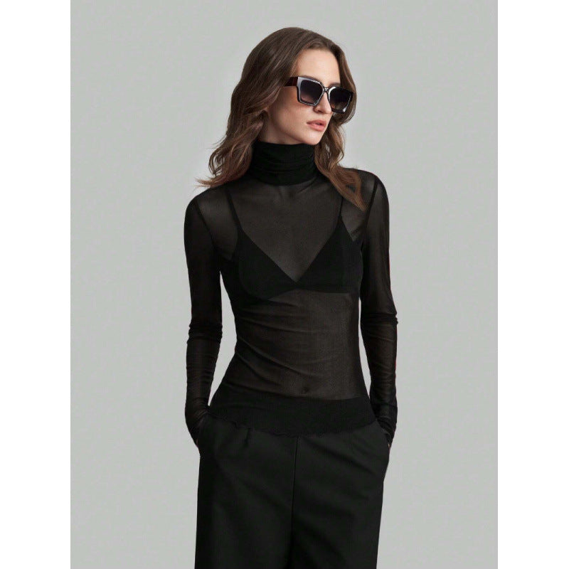 Damen Elegantes langärmliges transparentes Oberteil mit hohem Kragen Drune