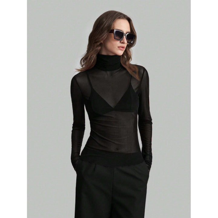 Damen Elegantes langärmliges transparentes Oberteil mit hohem Kragen Drune